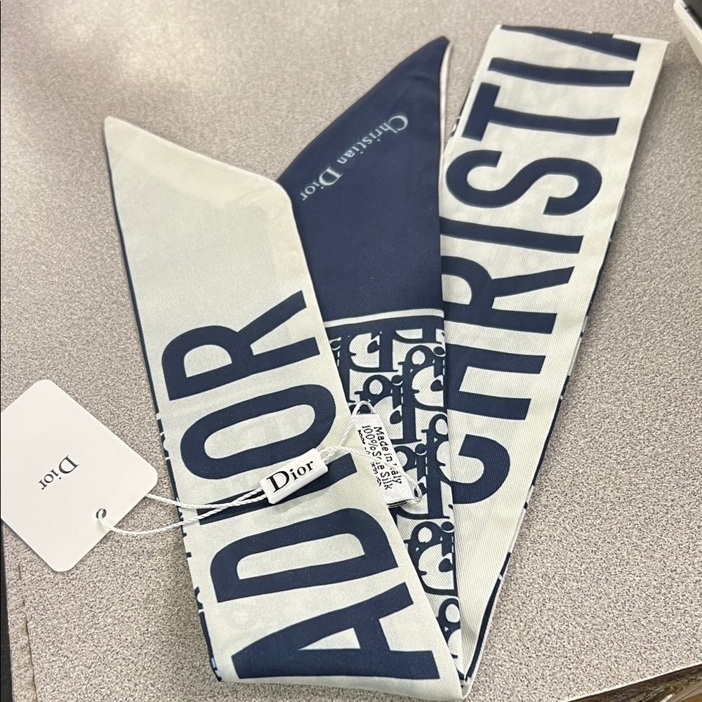 Christian Dior Navy & White Silk Twilly Scarf